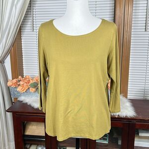 EILEEN FISHER Green Jersey Knit Top Shirt Blouse 3/4 Sleeve Scoop Neck Sz L